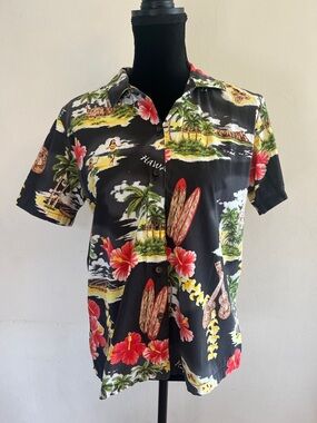 Men's Black Hawaiian Camp Shirt with Red & Green Tropical Print